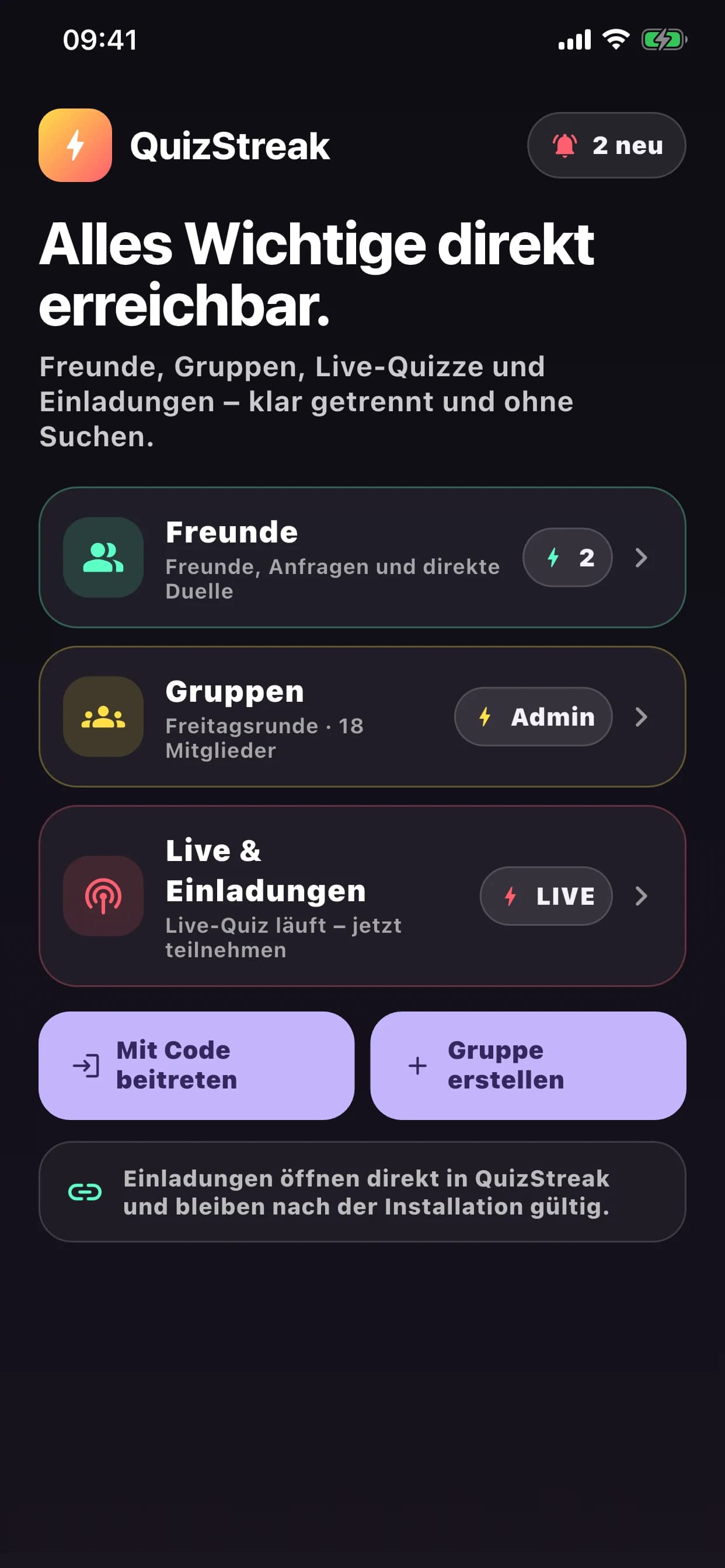QuizStreak Übersicht der privaten Community-Gruppen