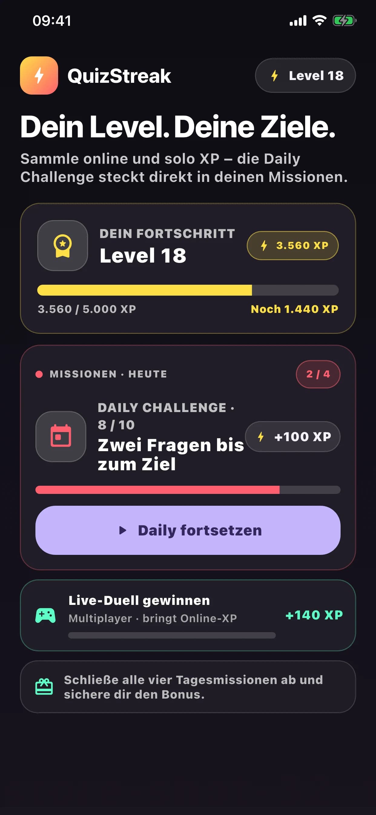 QuizStreak Fortschritt mit Level und Missionen