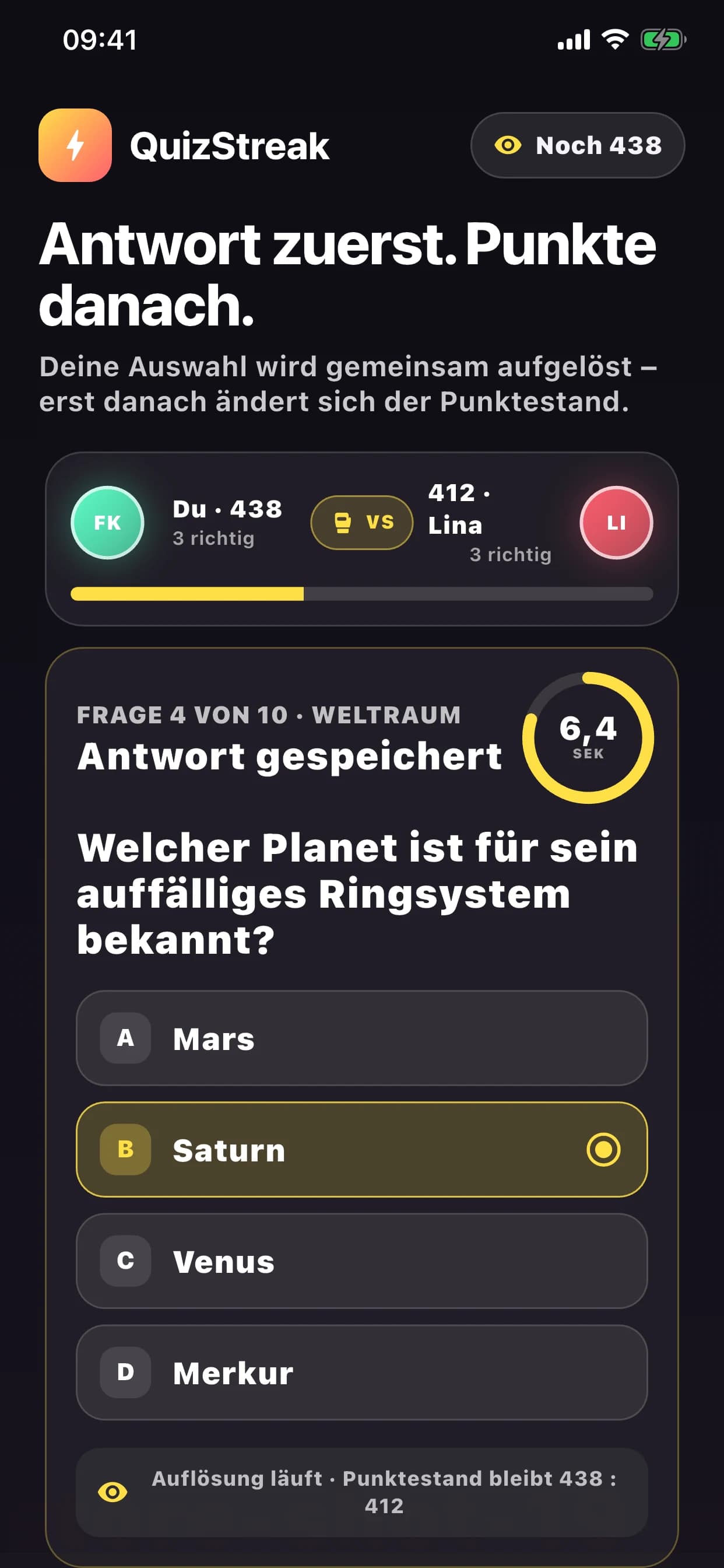 QuizStreak Live-Duell mit Frage und Antwortmöglichkeiten